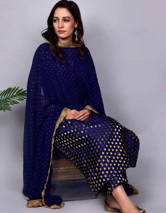 Blue heavy jacquard butti work salwar suit