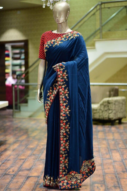 blue heavy sana silk embroidered wedding saree