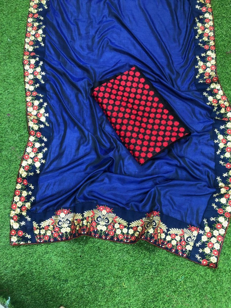 blue heavy sana silk embroidered wedding saree