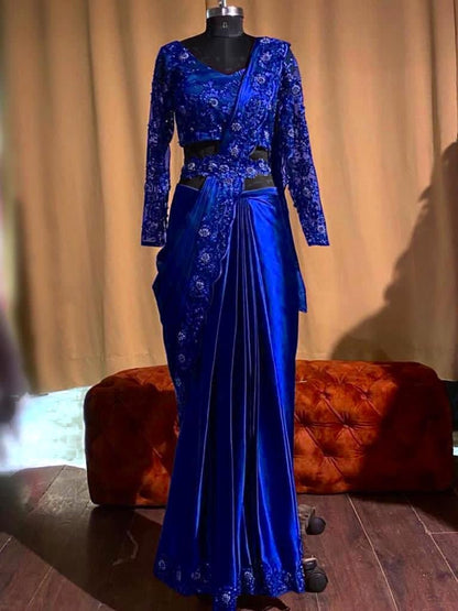 Blue heavy satin silk embroidered partywear saree
