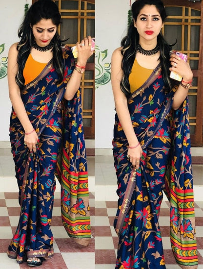 Blue heavy soft silk digital printed saree