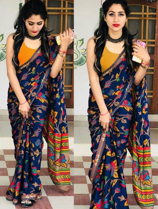 Blue heavy soft silk digital printed saree