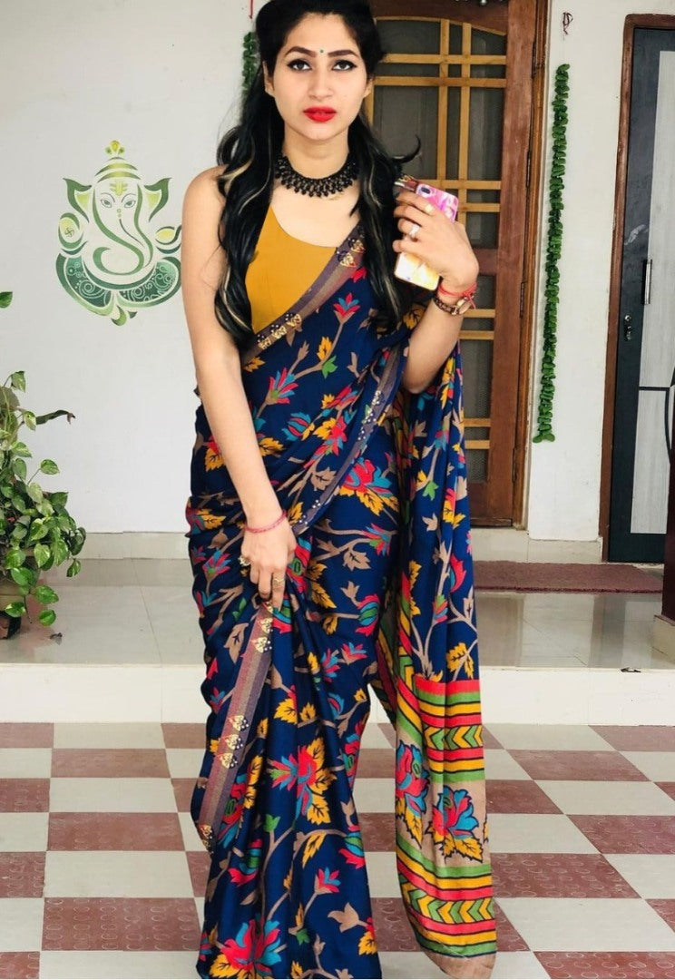 Blue heavy soft silk digital printed saree