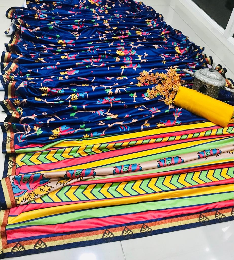 Blue heavy soft silk digital printed saree