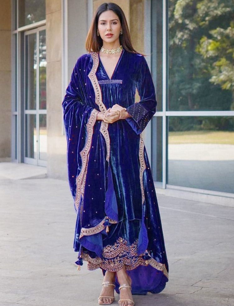 Blue heavy velvet embroidered work designer plazzo suit