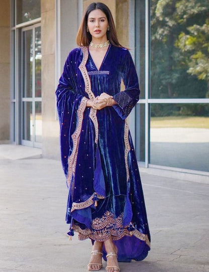 Blue heavy velvet embroidered work designer plazzo suit