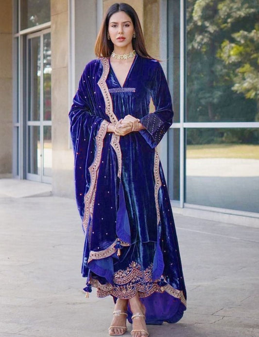 Blue heavy velvet embroidered work designer plazzo suit