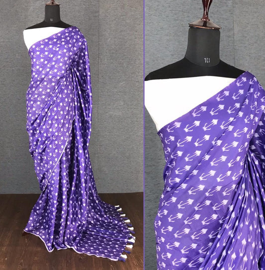 Blue italian finished cotton silk digital printed work saree