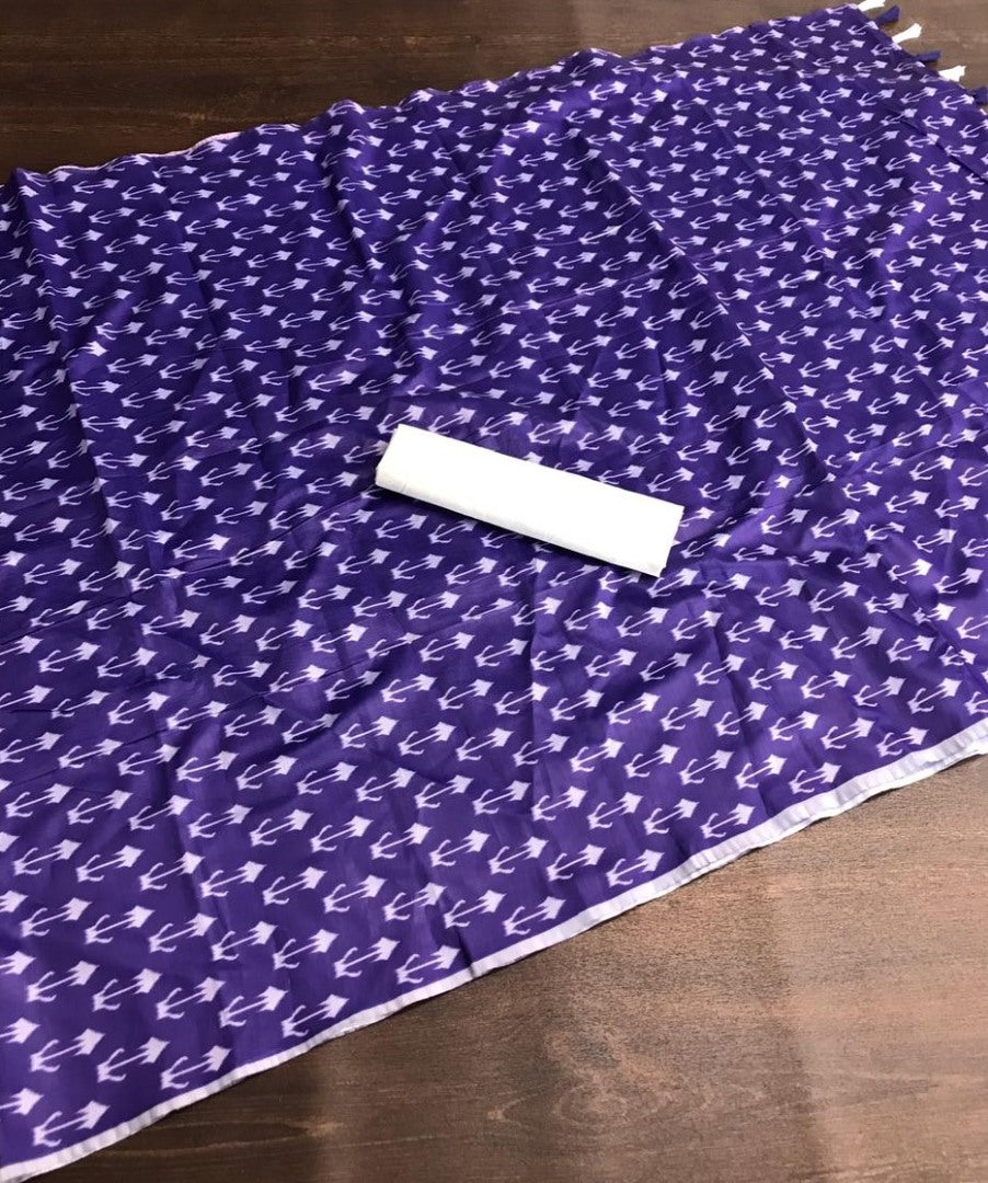 Blue italian finished cotton silk digital printed work saree