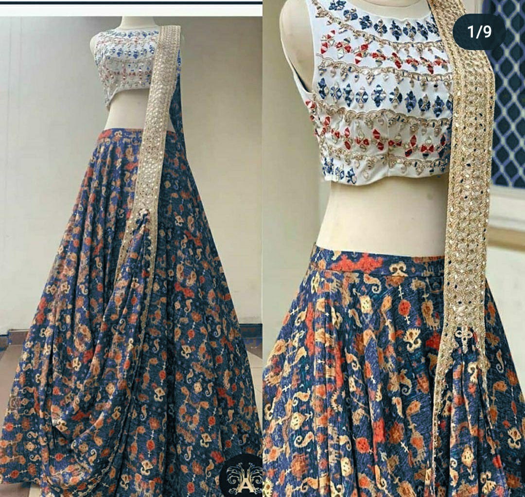 Blue italian silk digital printed indowestern lehenga choli