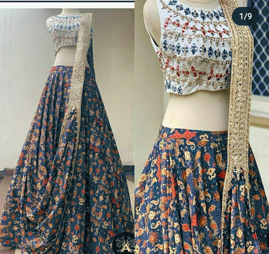 Blue italian silk digital printed indowestern lehenga choli