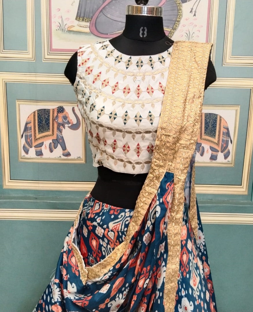 Blue italian silk digital printed indowestern lehenga choli