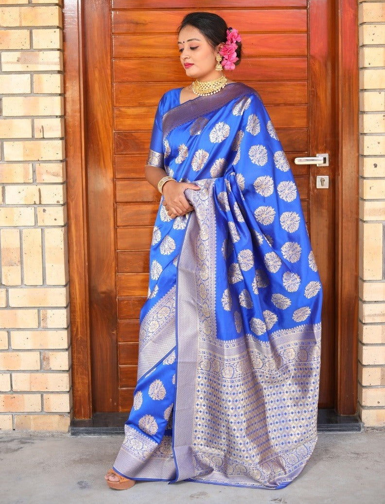 Blue jacquard woven silk saree