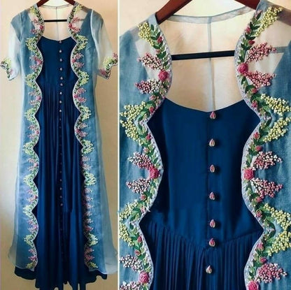 Blue japan crap plain gown with multi thread work shrug
