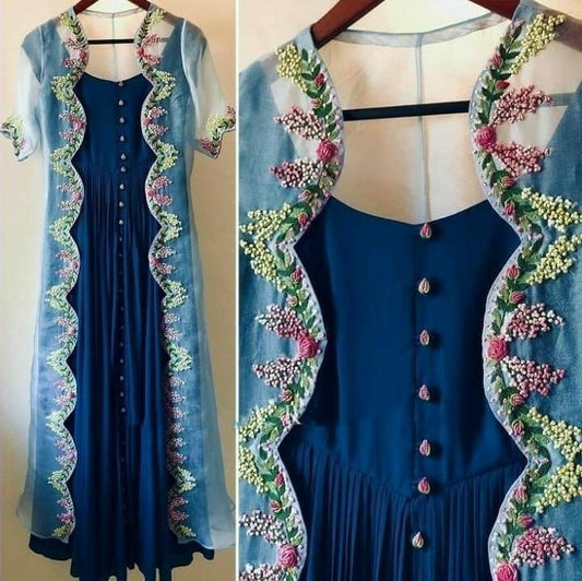 Blue japan crap plain gown with multi thread work shrug