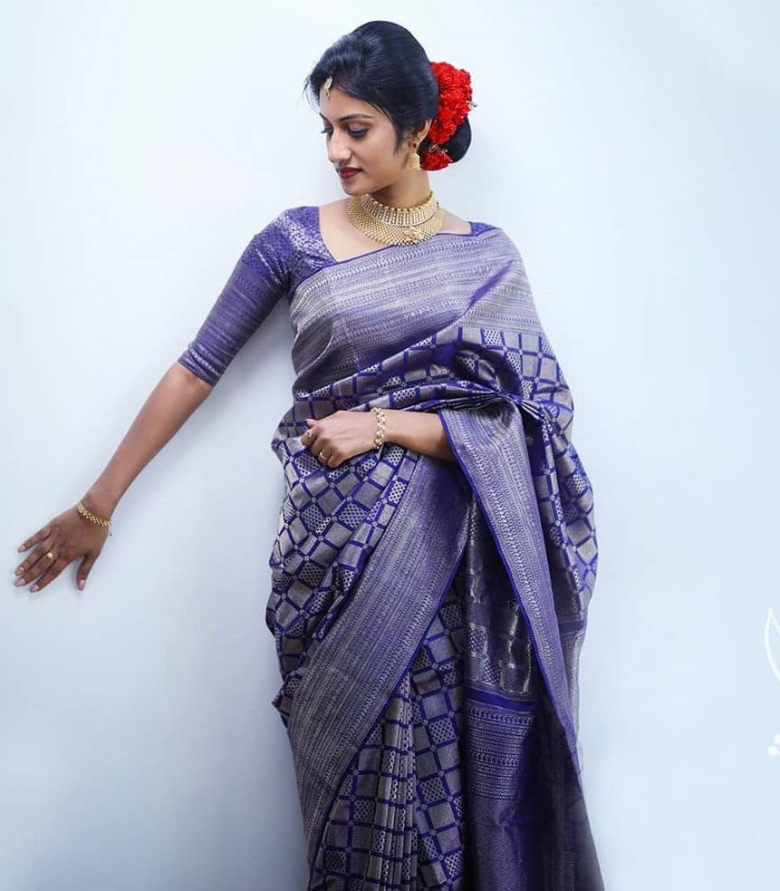 Blue kanchipuran kota silk jacquard pattern work saree