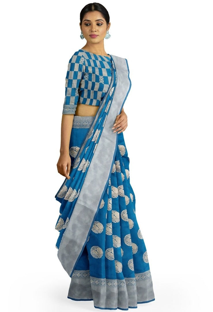 Blue kanjiwaram silk jacquard weaving work saree