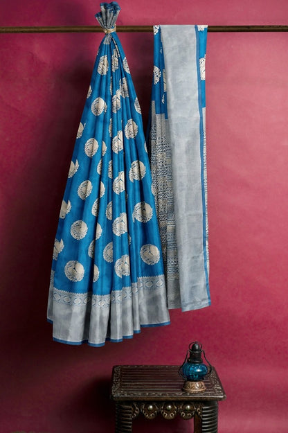Blue kanjiwaram silk jacquard weaving work saree