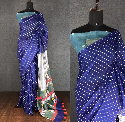 Blue linen digital print cotton tussles work saree