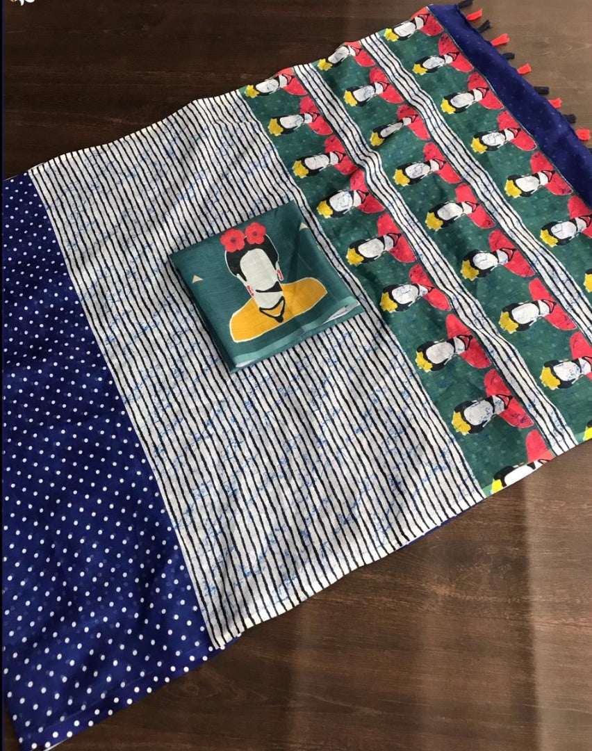 Blue linen digital print cotton tussles work saree