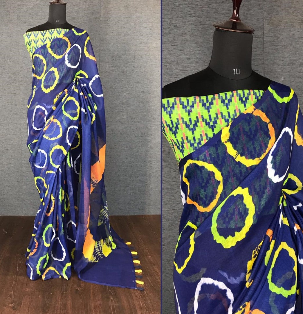 Blue linen digital printed with cotton tussles work saree