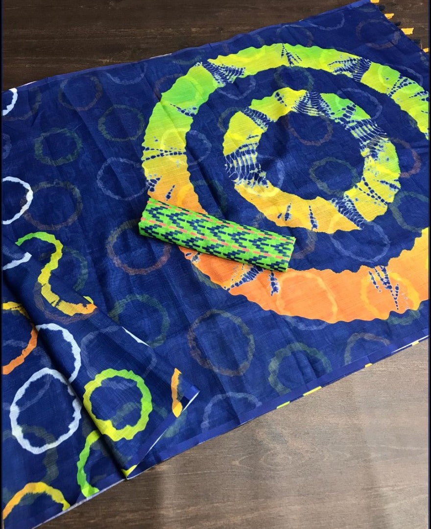 Blue linen digital printed with cotton tussles work saree