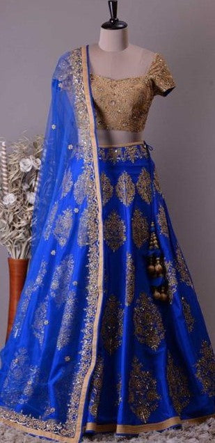 Blue malai satin heavy embroidered designer wedding lehenga