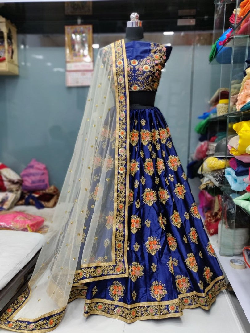 Blue malai satin heavy embroidered wedding lehenga
