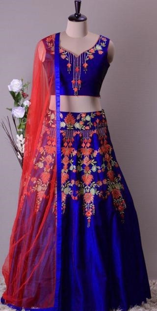 Blue malberry silk designer embroidered threadwork partywear lehenga