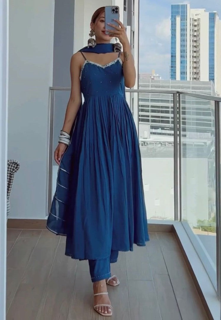Blue maslin cotton plain anarkali suit