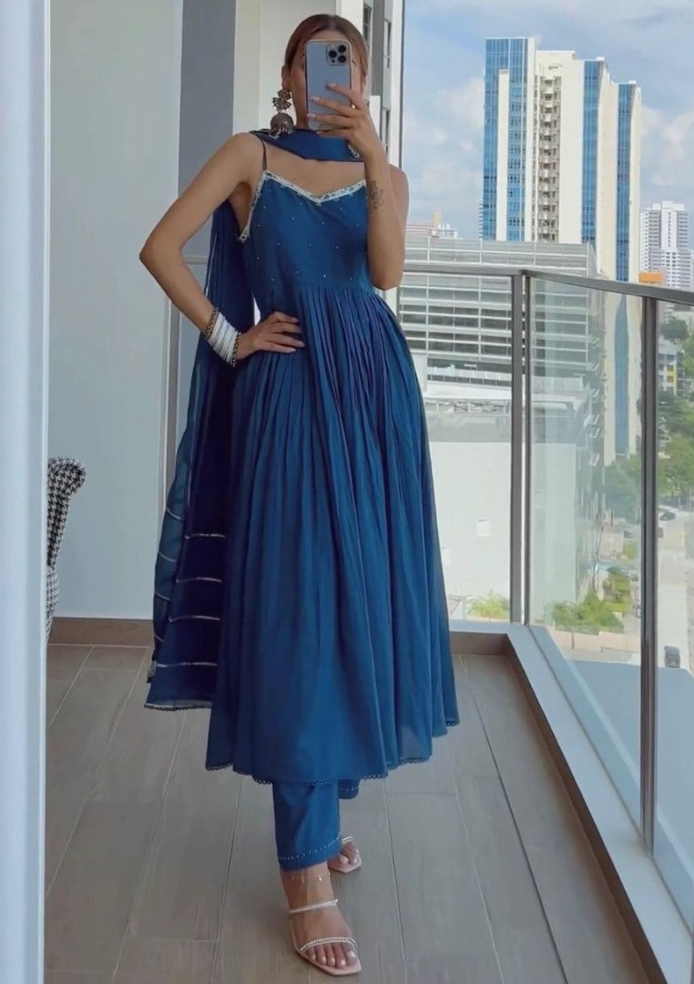 Blue maslin cotton plain anarkali suit