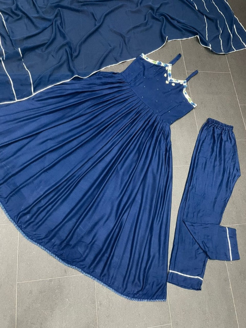 Blue maslin cotton plain anarkali suit