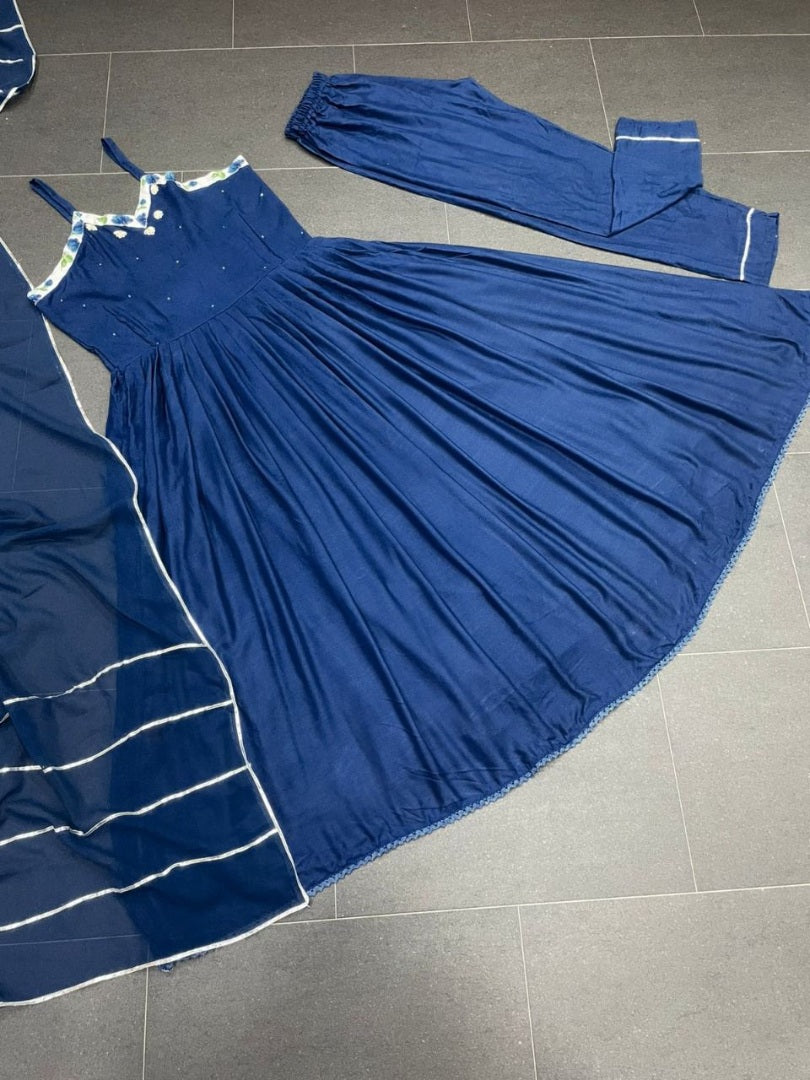 Blue maslin cotton plain anarkali suit