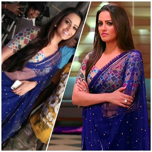 Blue mono net partywear saree with printed blouse