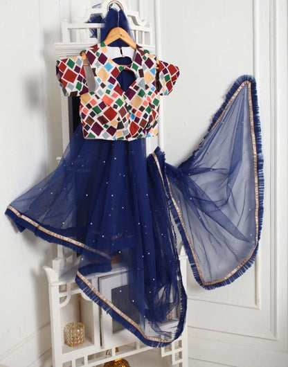 Blue mono net partywear saree with printed blouse