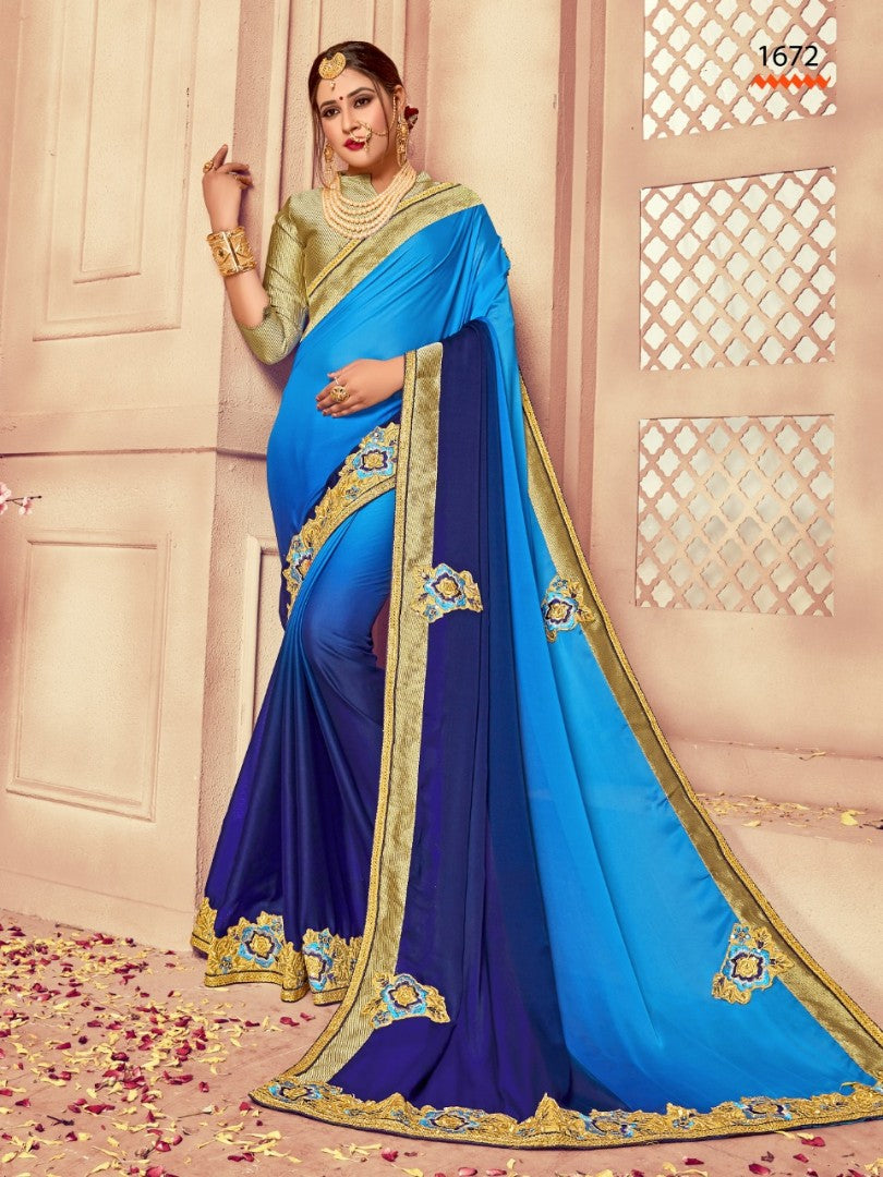 blue multi shaded rangoli silk embroidered wedding saree