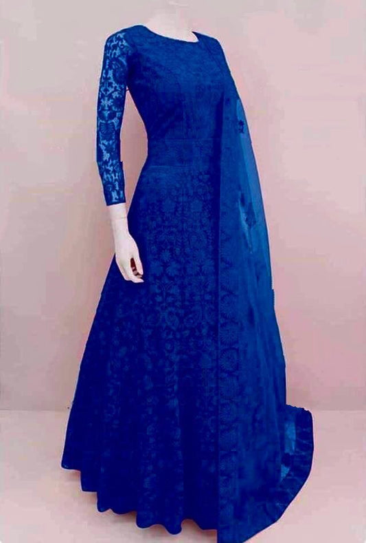 Blue net chain embroidery work heavy gown