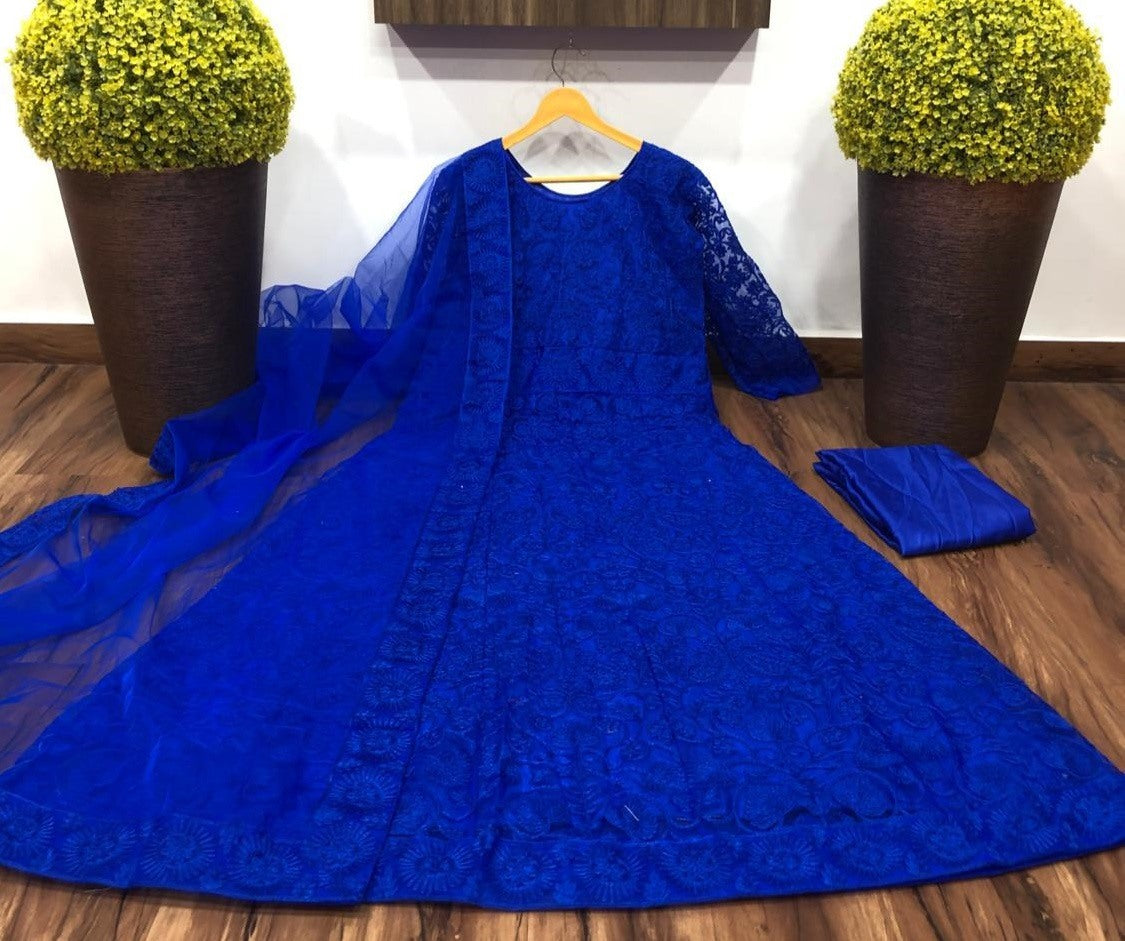 Blue net chain embroidery work heavy gown