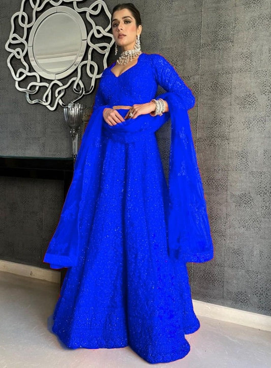Blue net coding heavy dori work wedding lehenga choli