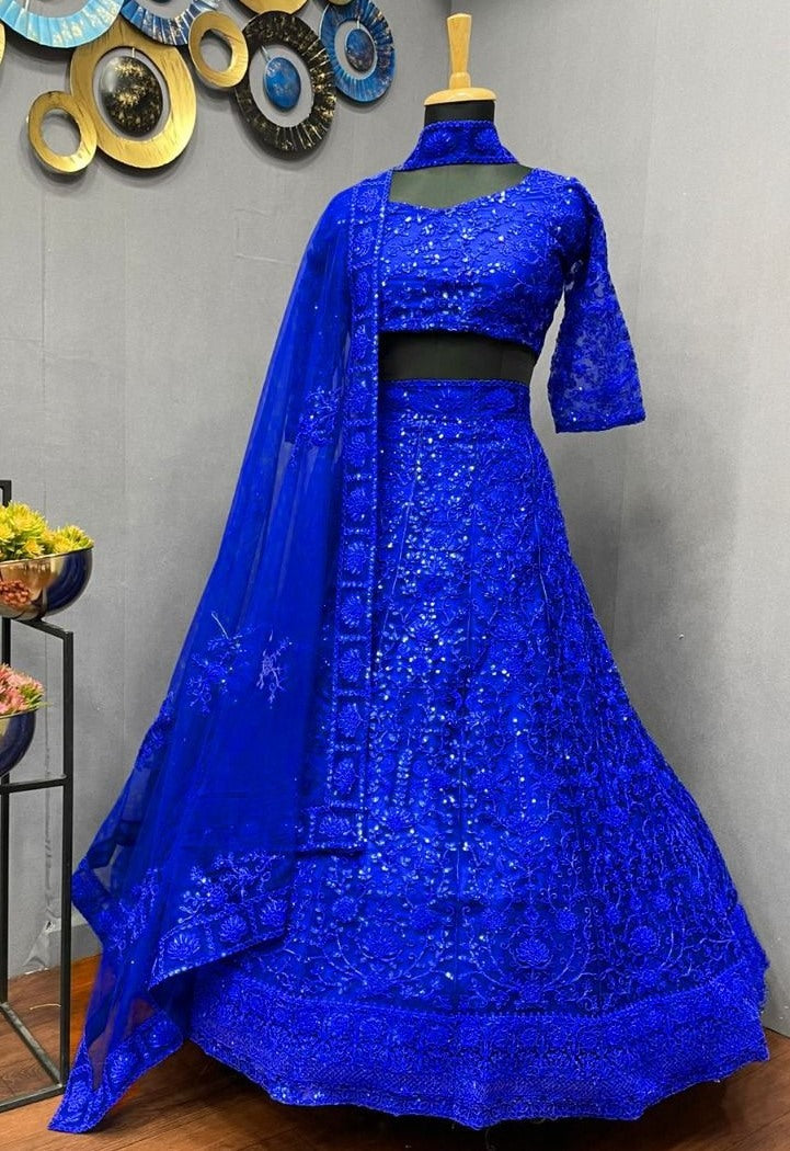 Blue net coding heavy dori work wedding lehenga choli