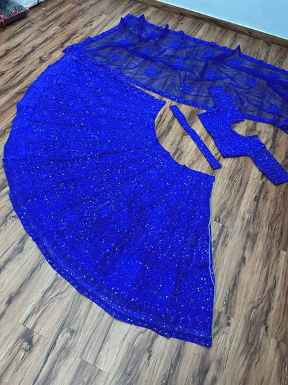 Blue net coding heavy dori work wedding lehenga choli