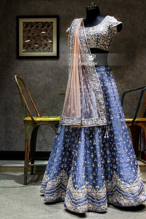 Blue Nura silk heavy designer embroidered wedding lehenga
