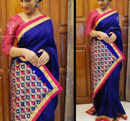 Blue nylone silk heavy embroidered pallu partywear saree