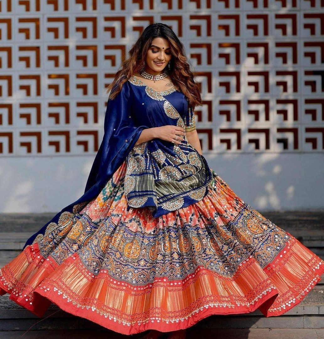 Blue orange mirror work gujarati garba navratri lehenga chaniya choli
