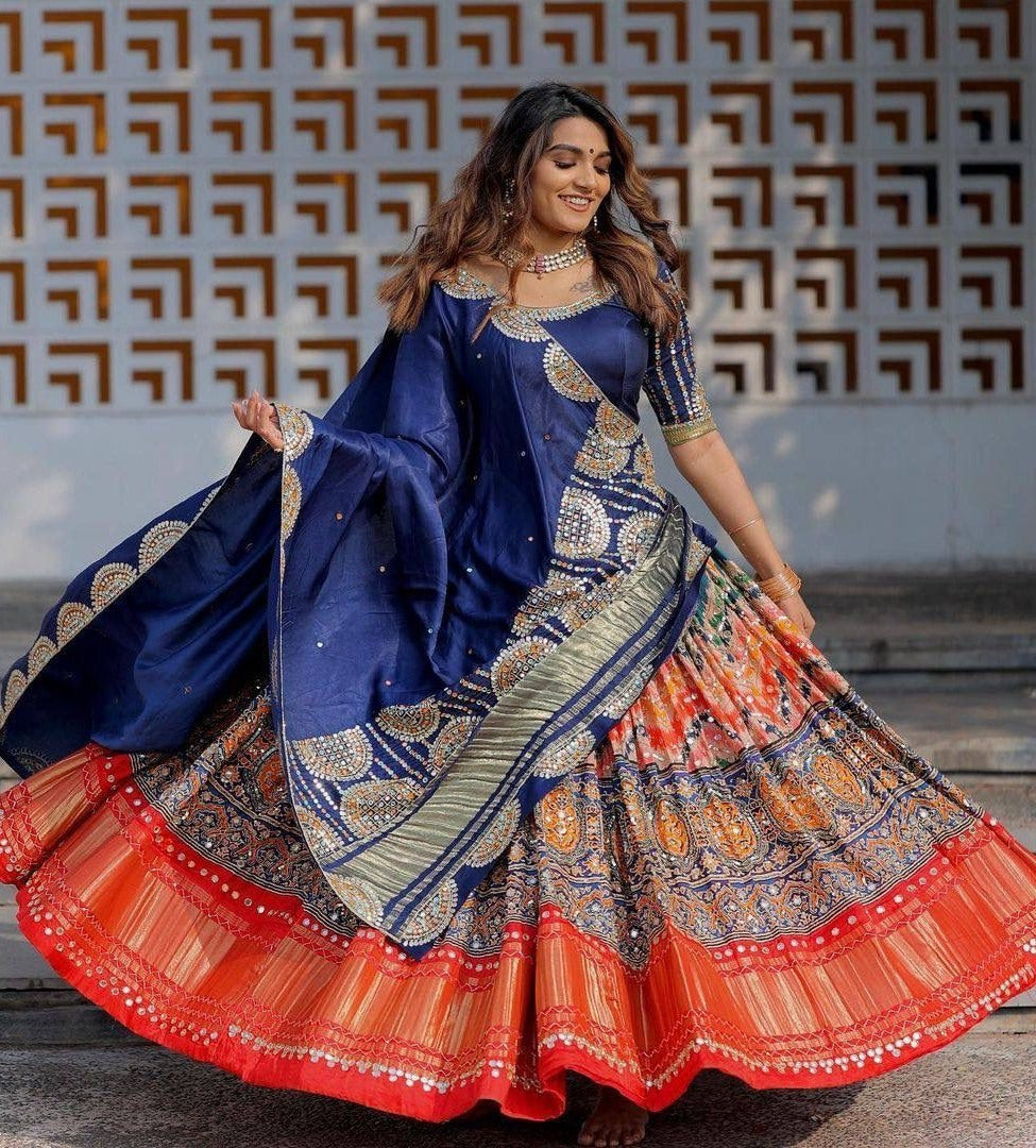 Blue orange mirror work gujarati garba navratri lehenga chaniya choli
