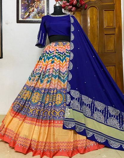 Blue orange mirror work gujarati garba navratri lehenga chaniya choli