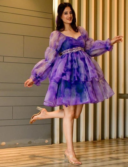 Blue organza silk digital printed frock kurti