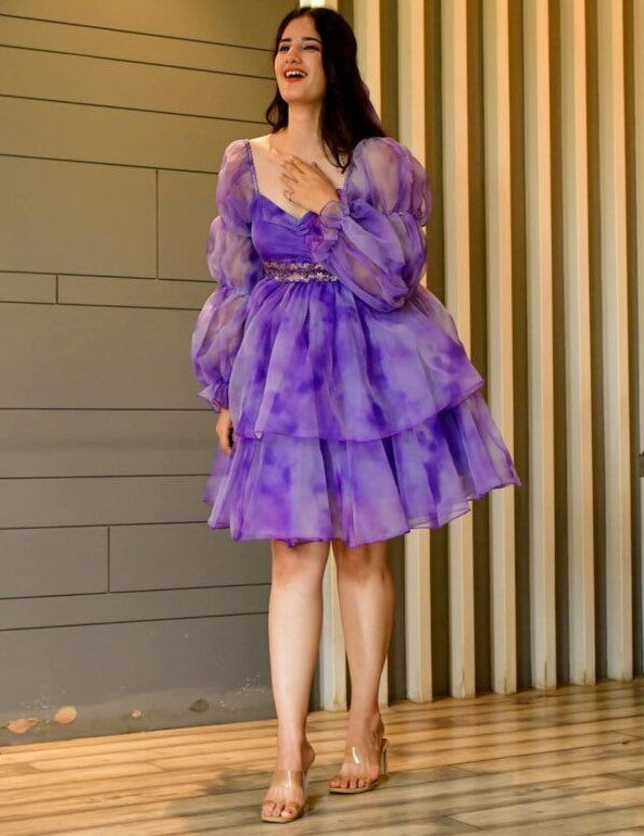 Blue organza silk digital printed frock kurti