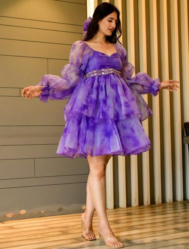 Blue organza silk digital printed frock kurti