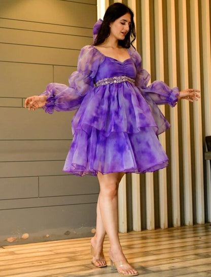 Blue organza silk digital printed frock kurti